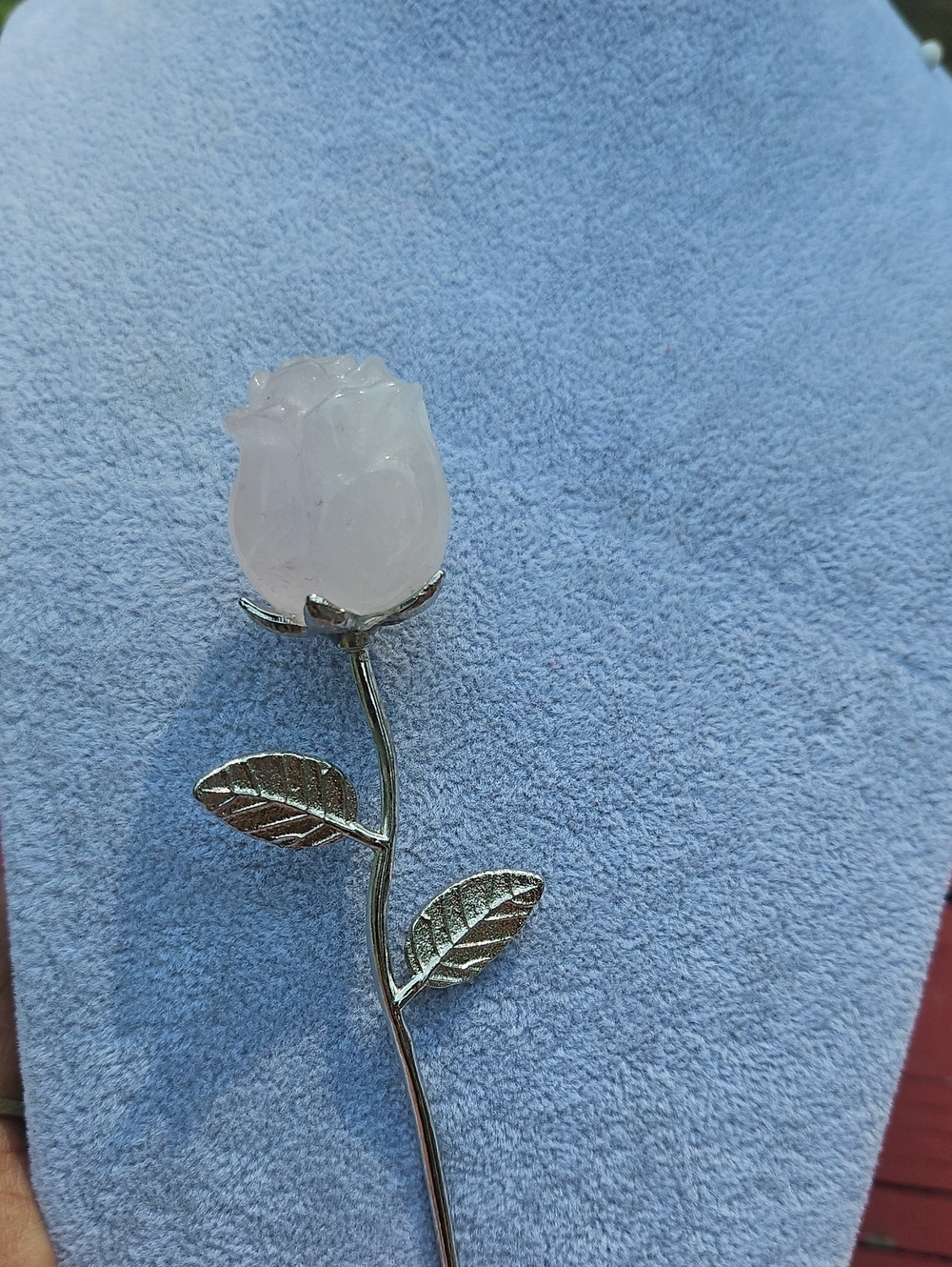 Rose Quartz Flower Accent - Pink Crystal Rose on Silver Stem